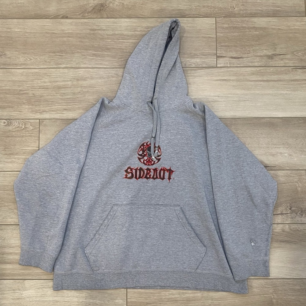 Y2K Sideout Embroidered Gray Hoodie Men's Size XL Skater Grunge Gothic Boxy VTG